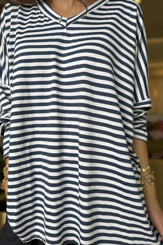 Made in Italy Perfect Breton V Long Sleeve Top Dark Denim - ** 